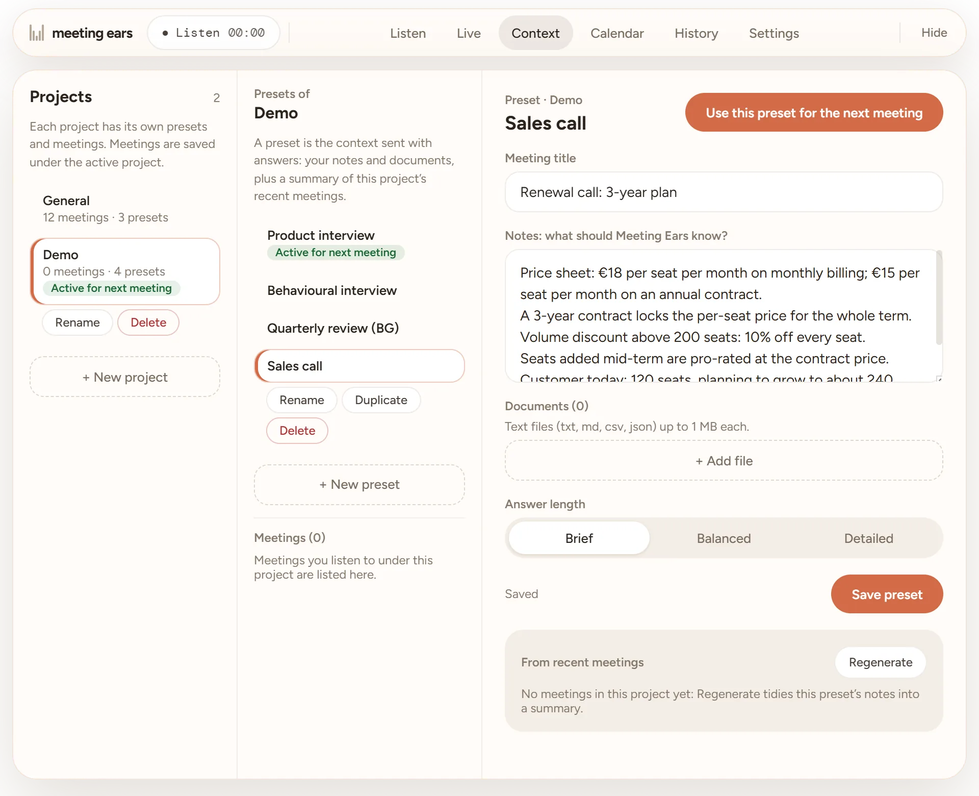 Screenshot of the Context tab: the Sales call preset of a Demo project, with its notes on prices and seats